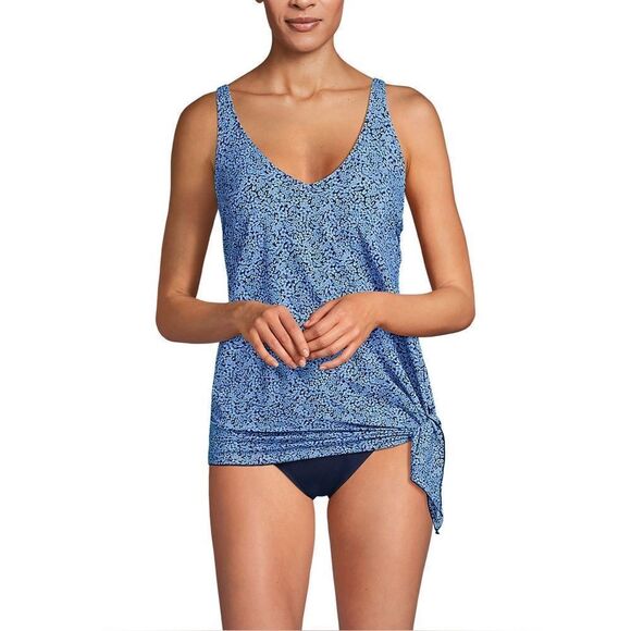 Land's End 1 piece fauxkini swimsuit slendersuit cloud blue navy ditsy lily 10 - Picture 4 of 6